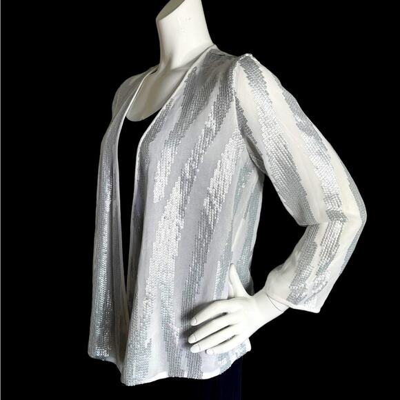 CHICO’S Women White Sheer Silver Beads in Geometric design Light jacket Size 0 - Picture 9 of 12